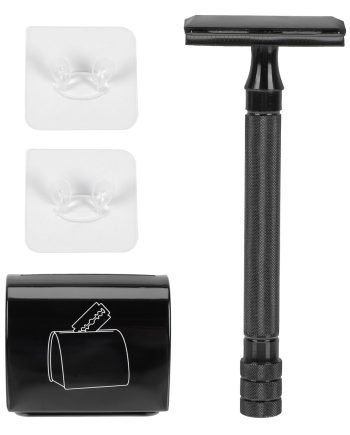 Vintage Style Manual Safety Razor Set with Metal Black Stand and Blade Recycling Tin, Portable Beard Shaving Tool for Men’s Grooming and Travel
