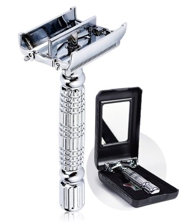 Butterfly Open Double Edge Metal Safety Razor Wet Shaving Kit for Men Women with Platinum Blade and Mirrored Travel Case BD179