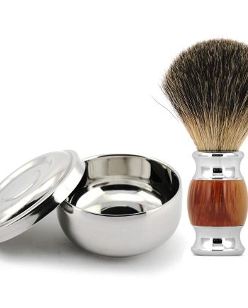 Stainless Steel Shaving Bowl and Badger Hair Brush Kit - Wide Mouth, With Lid