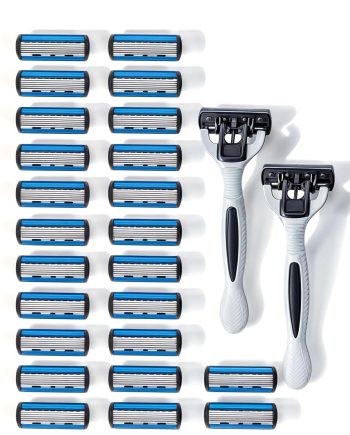 24 Stainless Steel 6 Blade Shaving Razor for Men Beard Mustache- Replaceable Cartridges Blades+ 2 Non-slip Handles- Disposable Reusable Manual Safety Razor Blade